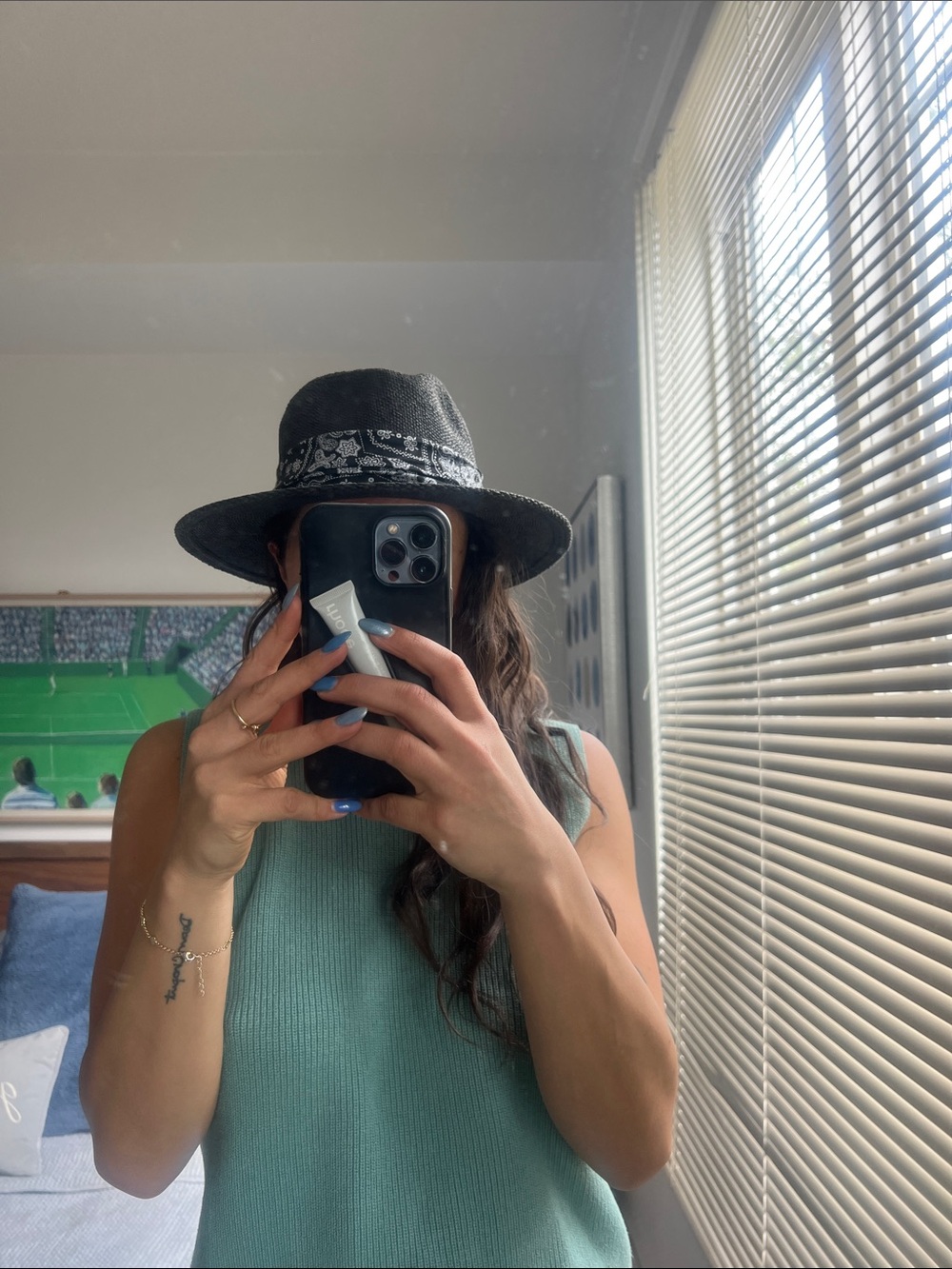 American Eagle Outfitters Black Straw Fedora with Black & White Bandana Trim